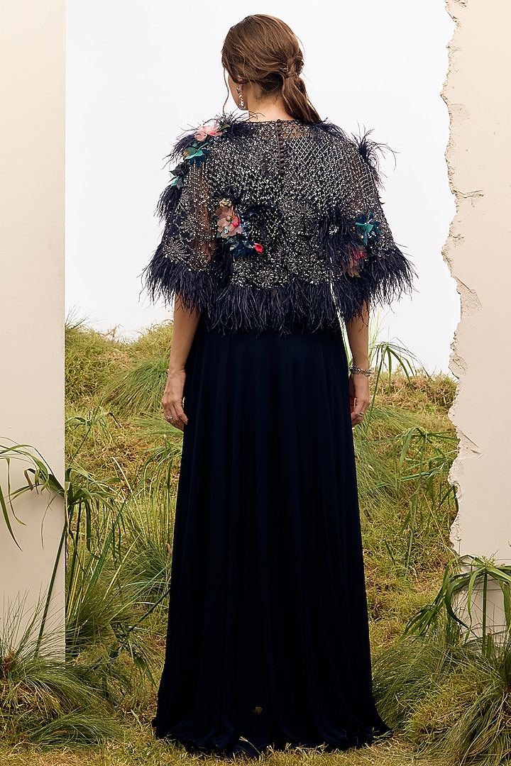 Navy Blue Tulle Floral Embroidered Cape by Not So Serious by Pallavi Mohan at Pernia's Pop Up Shop