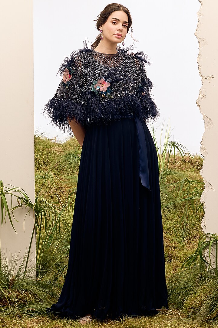Navy Blue Tulle Floral Embroidered Cape by Not So Serious by Pallavi Mohan at Pernia's Pop Up Shop