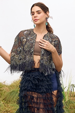 Navy Blue Tulle Floral Embroidered Cape by Not So Serious by Pallavi Mohan