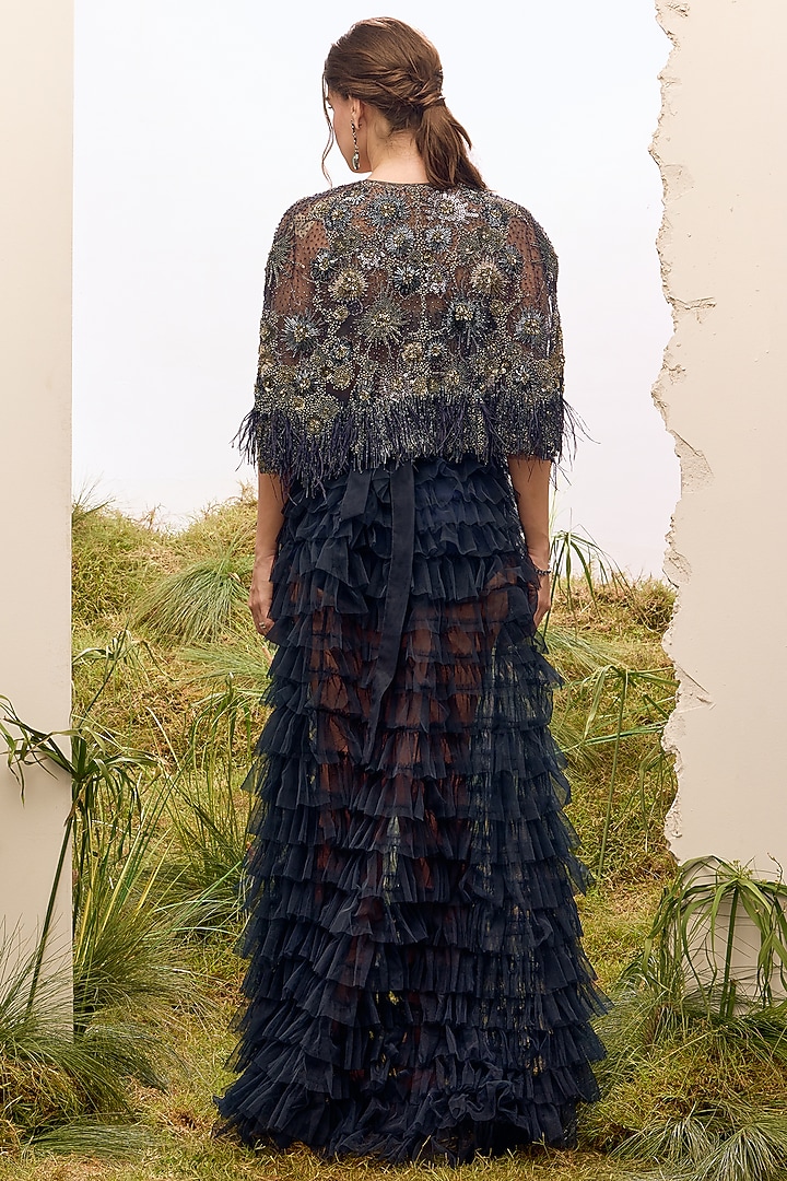 Navy Blue Tulle Floral Embroidered Cape by Not So Serious by Pallavi Mohan at Pernia's Pop Up Shop