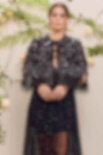 Black Soft Mesh Embroidered Cape by Not So Serious by Pallavi Mohan at Pernia's Pop Up Shop