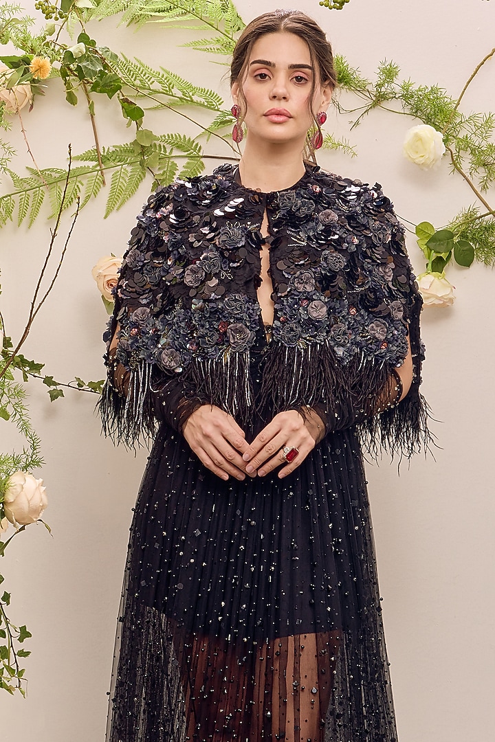 Black Soft Mesh Embroidered Cape by Not So Serious by Pallavi Mohan at Pernia's Pop Up Shop