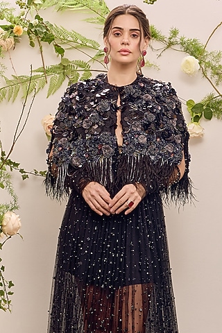 Black Soft Mesh Embroidered Cape by Not So Serious by Pallavi Mohan