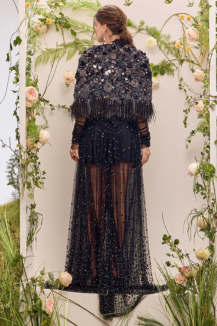 Black Soft Mesh Embroidered Cape by Not So Serious by Pallavi Mohan at Pernia's Pop Up Shop
