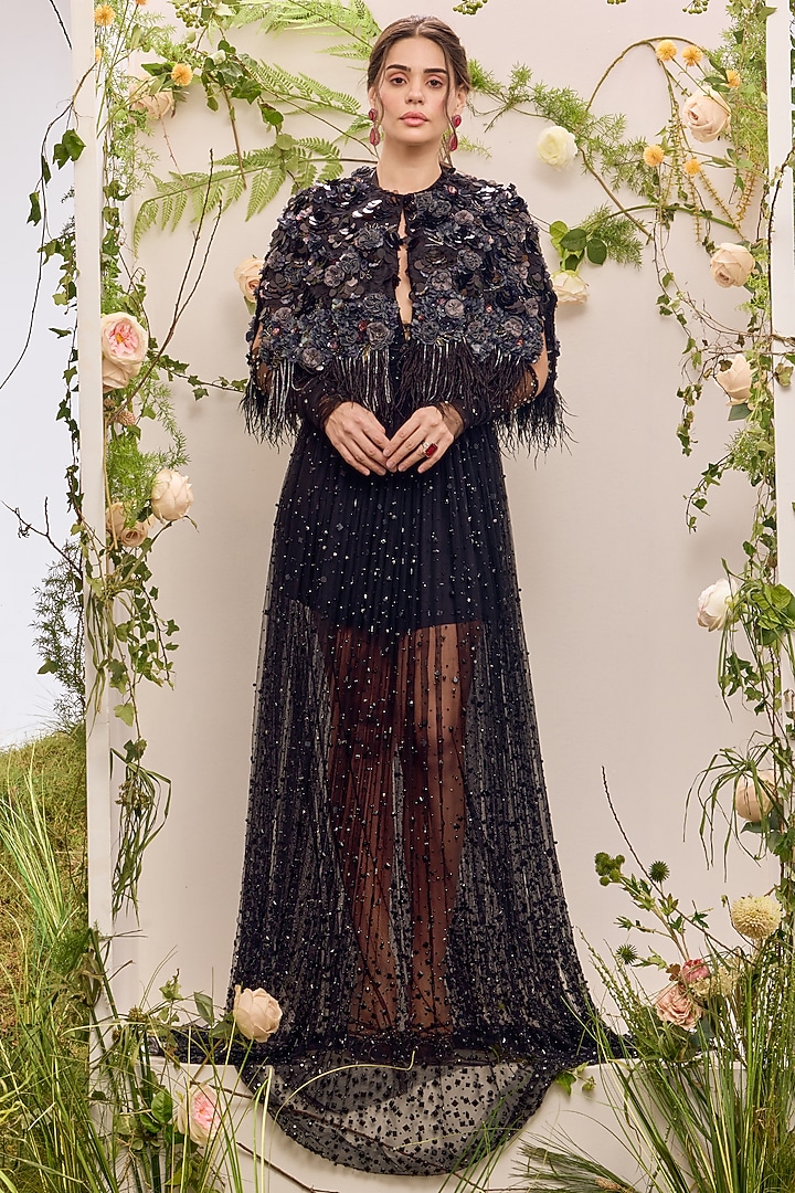 Black Soft Mesh Embroidered Cape by Not So Serious by Pallavi Mohan at Pernia's Pop Up Shop