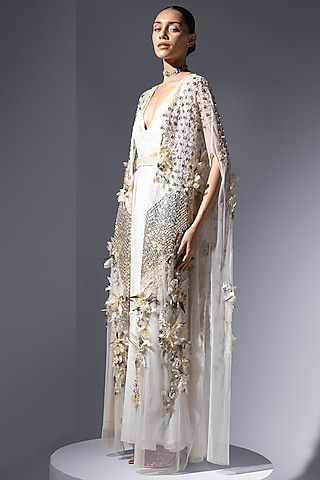 Pearl White Soft Mesh Embroidered Long Cape by Not So Serious by Pallavi Mohan