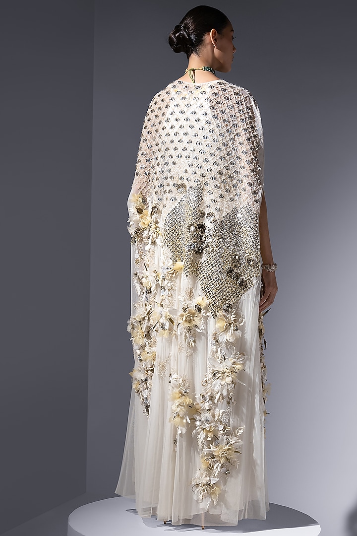 Pearl White Luxe Crepe Embroidered Party Wear Dress by Not So Serious by Pallavi Mohan at Pernia's Pop Up Shop