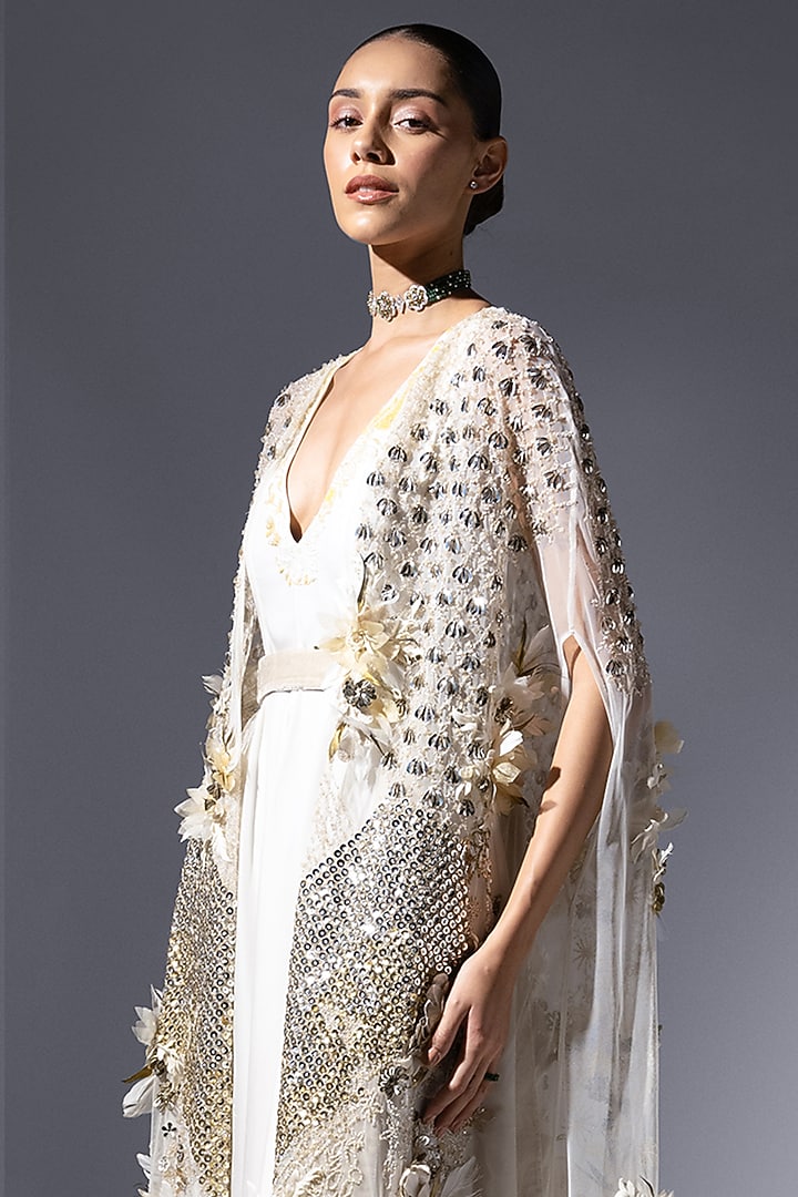Pearl White Luxe Crepe Embroidered Party Wear Dress by Not So Serious by Pallavi Mohan at Pernia's Pop Up Shop