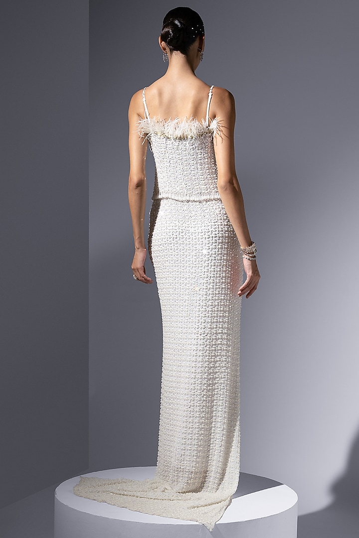 Ivory Chiffon Georgette Pearl Embroidered Strappy Party Wear Dress by Not So Serious by Pallavi Mohan at Pernia's Pop Up Shop