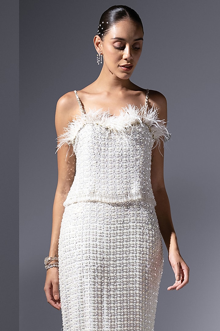 Ivory Chiffon Georgette Pearl Embroidered Strappy Party Wear Dress by Not So Serious by Pallavi Mohan at Pernia's Pop Up Shop