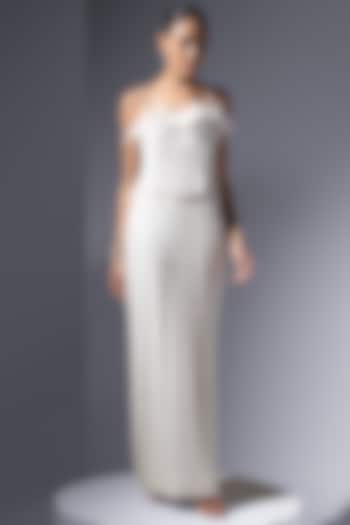 Ivory Chiffon Georgette Pearl Embroidered Strappy Party Wear Dress by Not So Serious by Pallavi Mohan at Pernia's Pop Up Shop