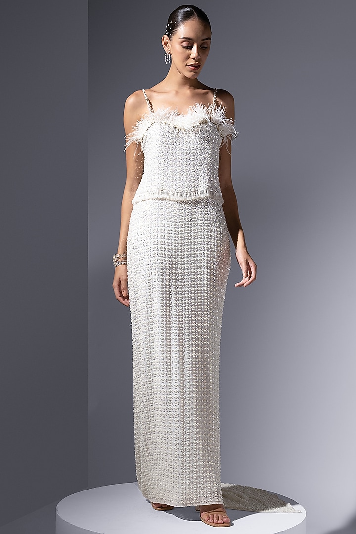 Ivory Chiffon Georgette Pearl Embroidered Strappy Party Wear Dress by Not So Serious by Pallavi Mohan at Pernia's Pop Up Shop