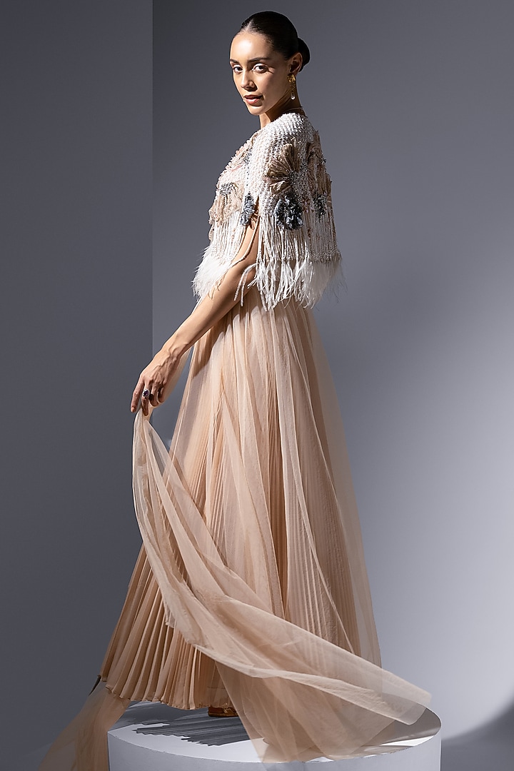 Rose-Tinted Chiffon Georgette Embroidered Pleated Skirt by Not So Serious by Pallavi Mohan at Pernia's Pop Up Shop
