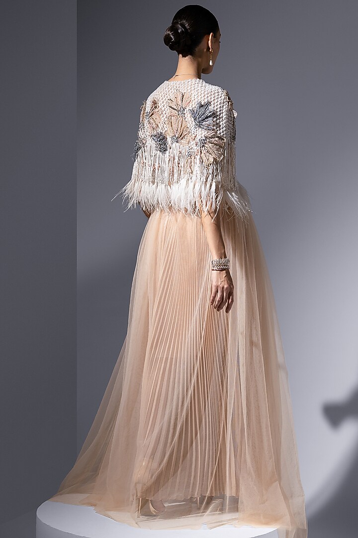 Rose-Tinted Chiffon Georgette Embroidered Pleated Skirt by Not So Serious by Pallavi Mohan at Pernia's Pop Up Shop