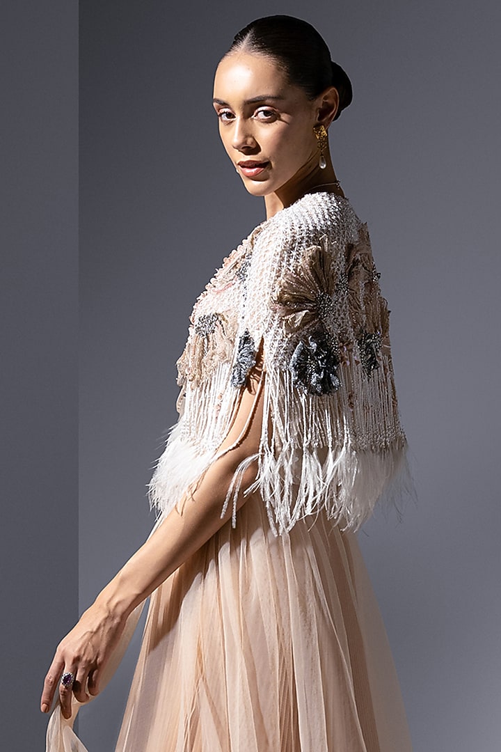 Rose-Tinted Chiffon Georgette Embroidered Pleated Skirt by Not So Serious by Pallavi Mohan at Pernia's Pop Up Shop