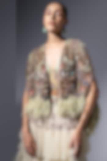 Pistachio Green Tulle Embellished Cape by Not So Serious by Pallavi Mohan at Pernia's Pop Up Shop