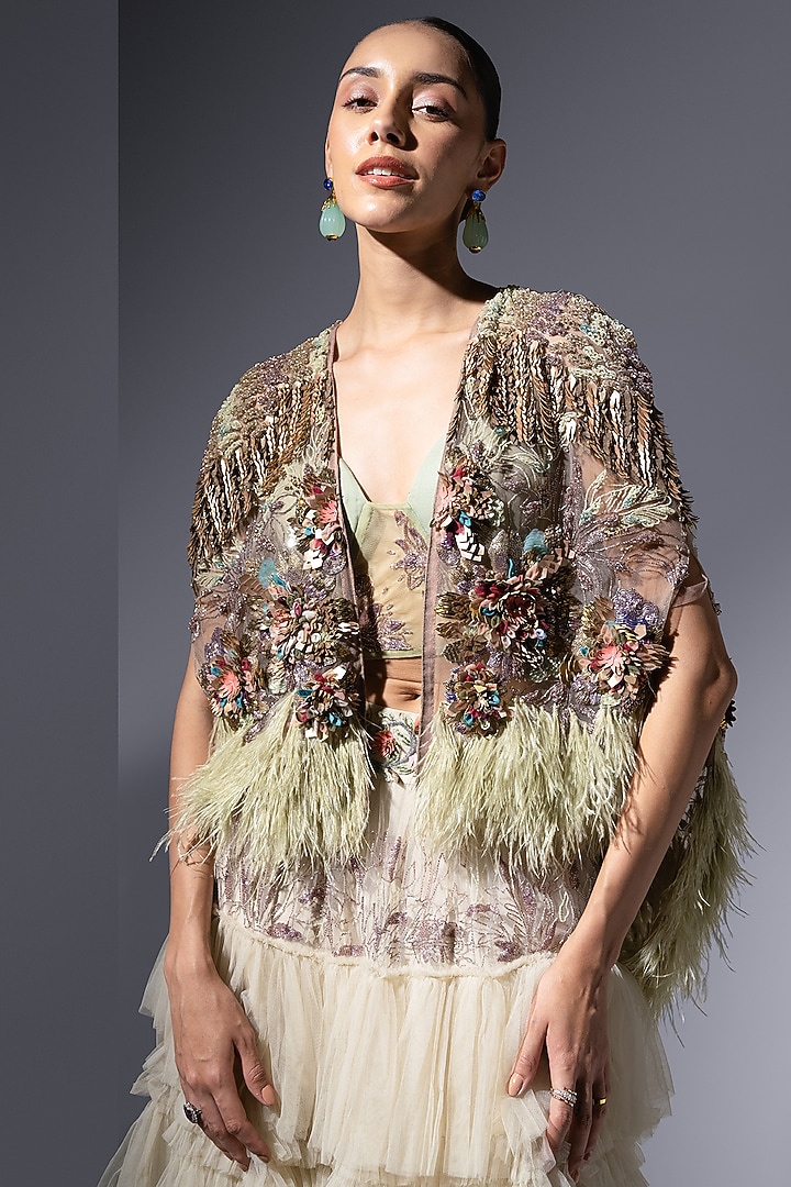 Pistachio Green Tulle Embellished Cape by Not So Serious by Pallavi Mohan at Pernia's Pop Up Shop