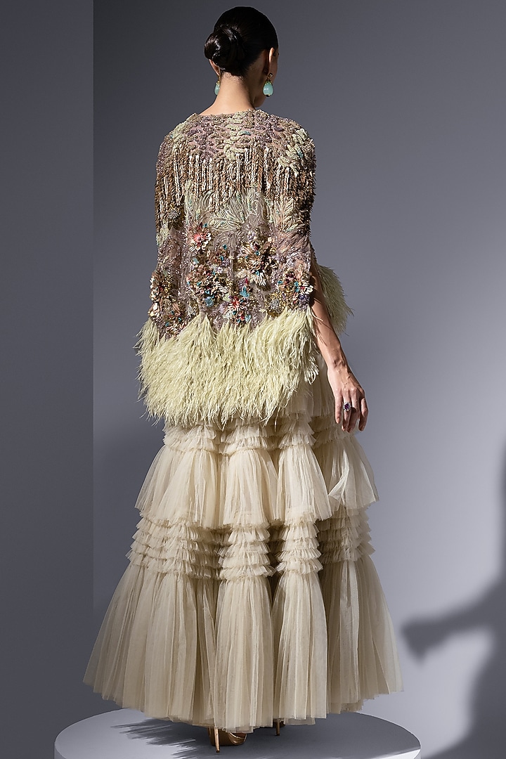 Pistachio Green Tulle Embellished Cape by Not So Serious by Pallavi Mohan at Pernia's Pop Up Shop