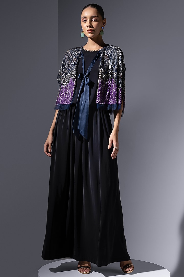 Navy Tulle Crystal Embellished Cape by Not So Serious by Pallavi Mohan at Pernia's Pop Up Shop