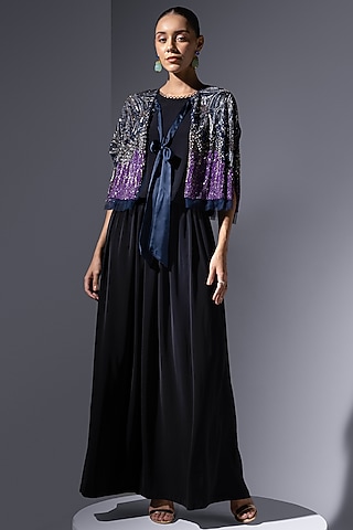 Navy Tulle Crystal Embellished Cape by Not So Serious by Pallavi Mohan