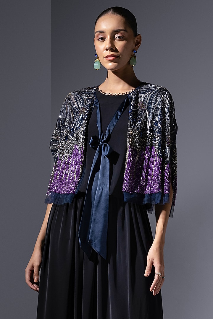 Navy Tulle Crystal Embellished Cape by Not So Serious by Pallavi Mohan at Pernia's Pop Up Shop