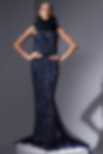 Navy Crocheted Hand Embroidered Party Wear Dress by Not So Serious by Pallavi Mohan at Pernia's Pop Up Shop