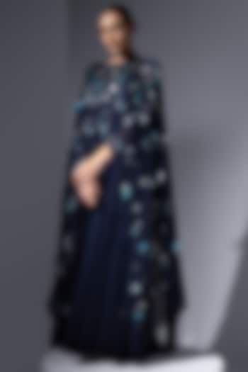Midnight Blue Chiffon Georgette Floral Embroidered Kaftan by Not So Serious by Pallavi Mohan at Pernia's Pop Up Shop