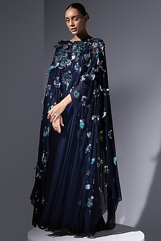 Midnight Blue Chiffon Georgette Floral Embroidered Kaftan by Not So Serious by Pallavi Mohan