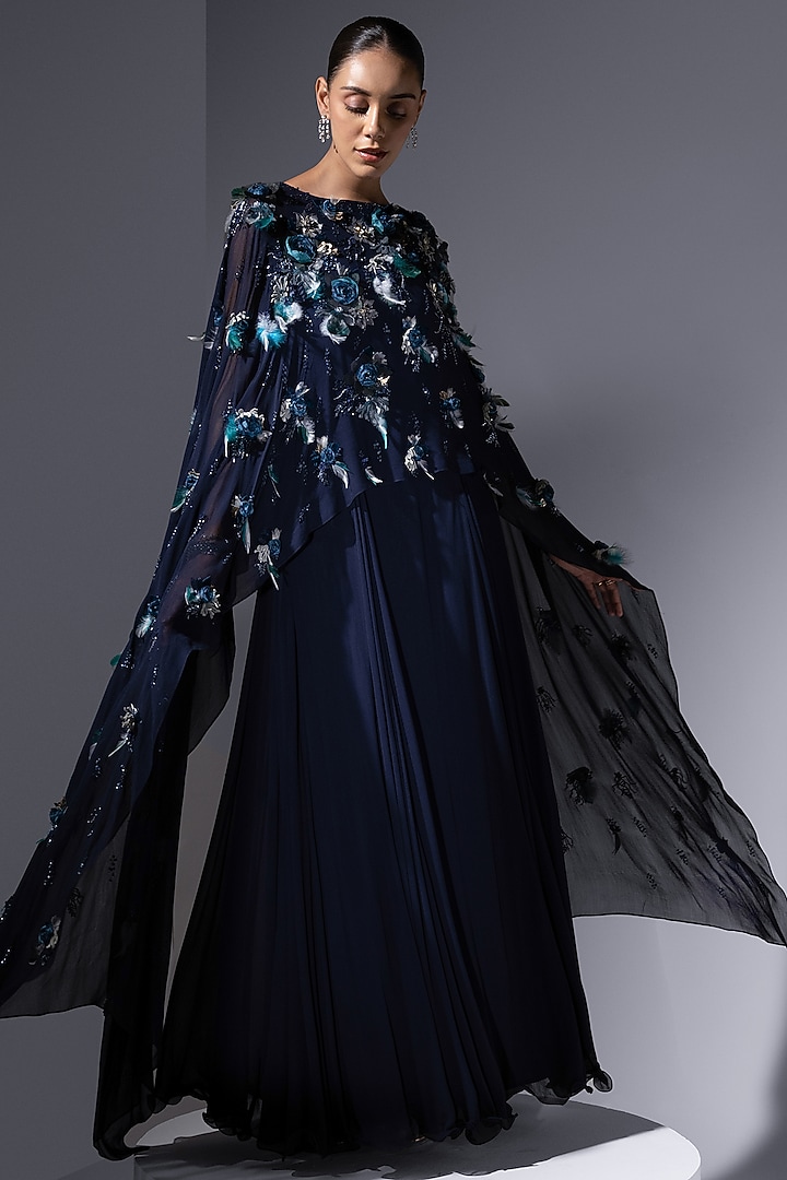 Midnight Blue Chiffon Georgette Floral Embroidered Kaftan by Not So Serious by Pallavi Mohan at Pernia's Pop Up Shop