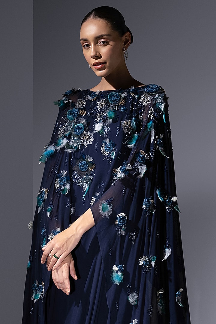Midnight Blue Chiffon Georgette Floral Embroidered Kaftan by Not So Serious by Pallavi Mohan at Pernia's Pop Up Shop