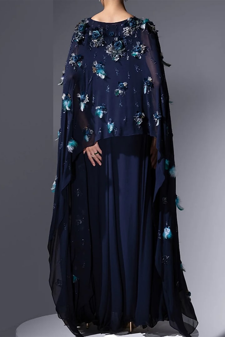 Midnight Blue Chiffon Georgette Floral Embroidered Kaftan by Not So Serious by Pallavi Mohan at Pernia's Pop Up Shop