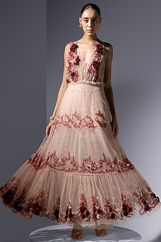 Peach Tulle Embellished Dress by Not So Serious by Pallavi Mohan