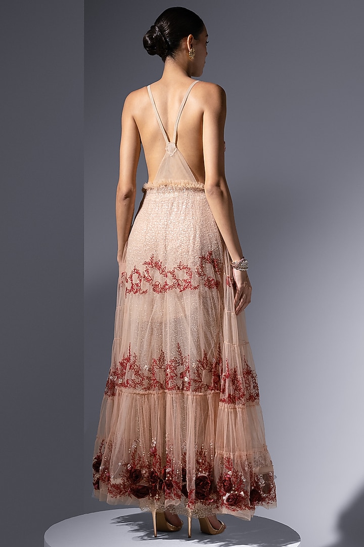Peach Tulle Embellished Party Wear Dress by Not So Serious by Pallavi Mohan at Pernia's Pop Up Shop