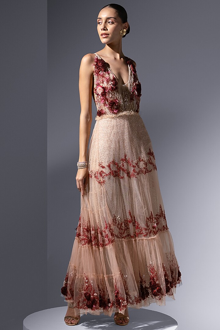 Peach Tulle Embellished Party Wear Dress by Not So Serious by Pallavi Mohan at Pernia's Pop Up Shop