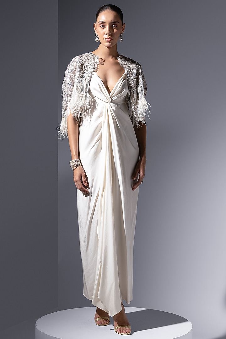 Ivory Tulle Sequin & Bead Work Cape by Not So Serious by Pallavi Mohan at Pernia's Pop Up Shop