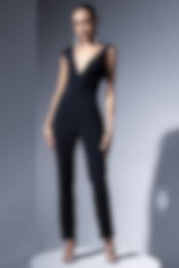 Black Imported Stretch Velvet Jumpsuit by Not So Serious by Pallavi Mohan at Pernia's Pop Up Shop