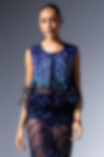 Navy Blue Ombre Tulle Cutdana Embellished Top by Not So Serious by Pallavi Mohan at Pernia's Pop Up Shop