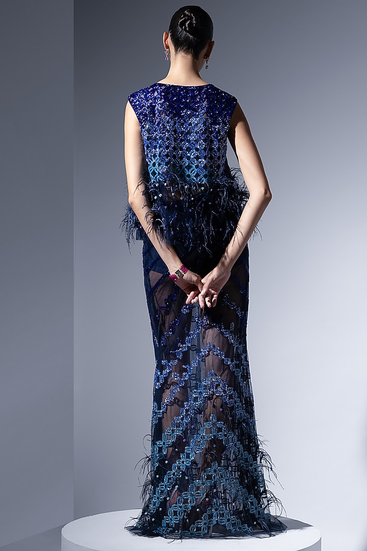 Navy Blue Ombre Tulle Cutdana Embellished Top by Not So Serious by Pallavi Mohan at Pernia's Pop Up Shop