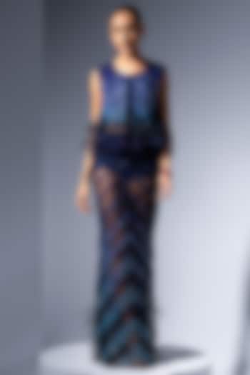 Navy Blue Ombre Tulle Cutdana Embellished Skirt by Not So Serious by Pallavi Mohan at Pernia's Pop Up Shop