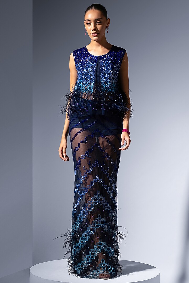 Navy Blue Ombre Tulle Cutdana Embellished Skirt by Not So Serious by Pallavi Mohan at Pernia's Pop Up Shop