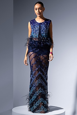 Navy Blue Ombre Tulle Cutdana Embellished Skirt by Not So Serious by Pallavi Mohan
