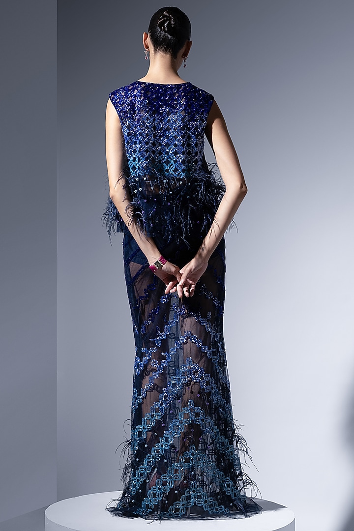 Navy Blue Ombre Tulle Cutdana Embellished Skirt by Not So Serious by Pallavi Mohan at Pernia's Pop Up Shop