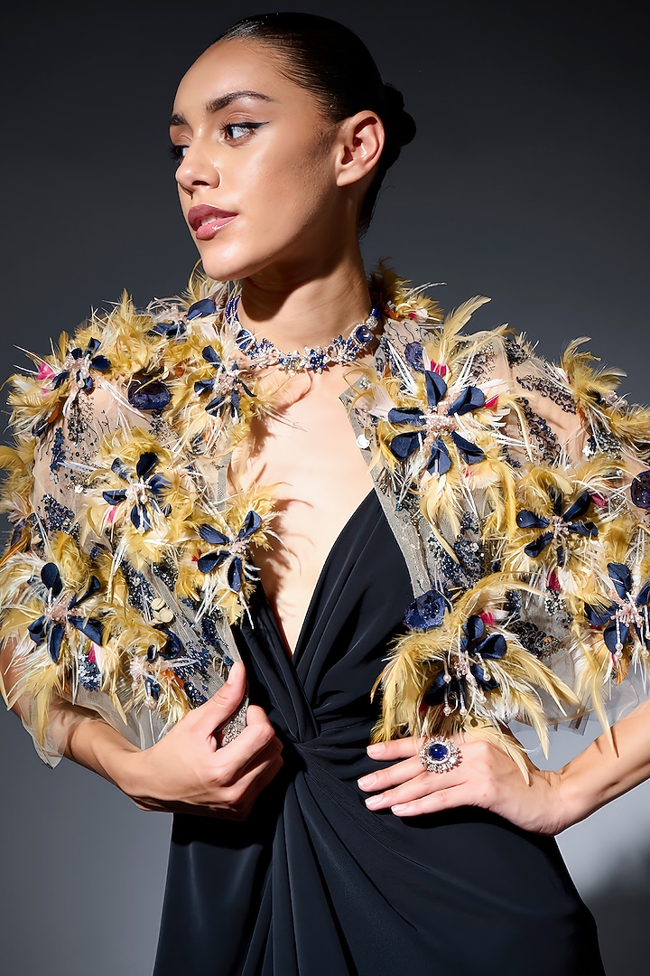 Nude Tulle Sequin & Bead Work Scalloped Cape by Not So Serious by Pallavi Mohan at Pernia's Pop Up Shop
