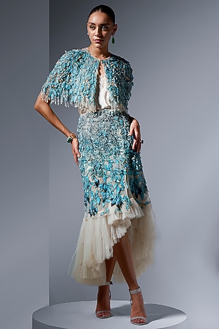 Aqua Tulle Sequin & Pearl Embellished Skirt by Not So Serious by Pallavi Mohan