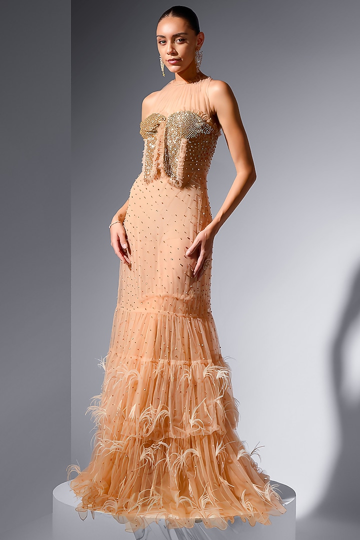 Blush Soft Mesh Sequin Embellished Bridal Gown by Not So Serious by Pallavi Mohan at Pernia's Pop Up Shop