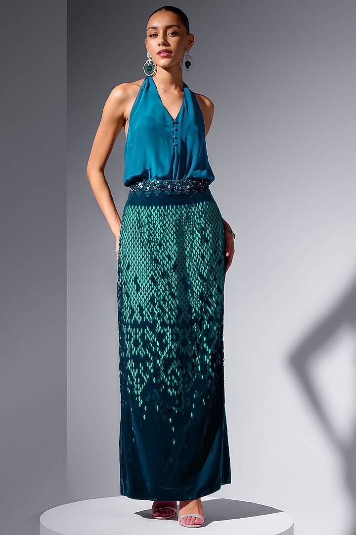 Teal Silk Velvet A-Line Skirt by Not So Serious by Pallavi Mohan at Pernia's Pop Up Shop