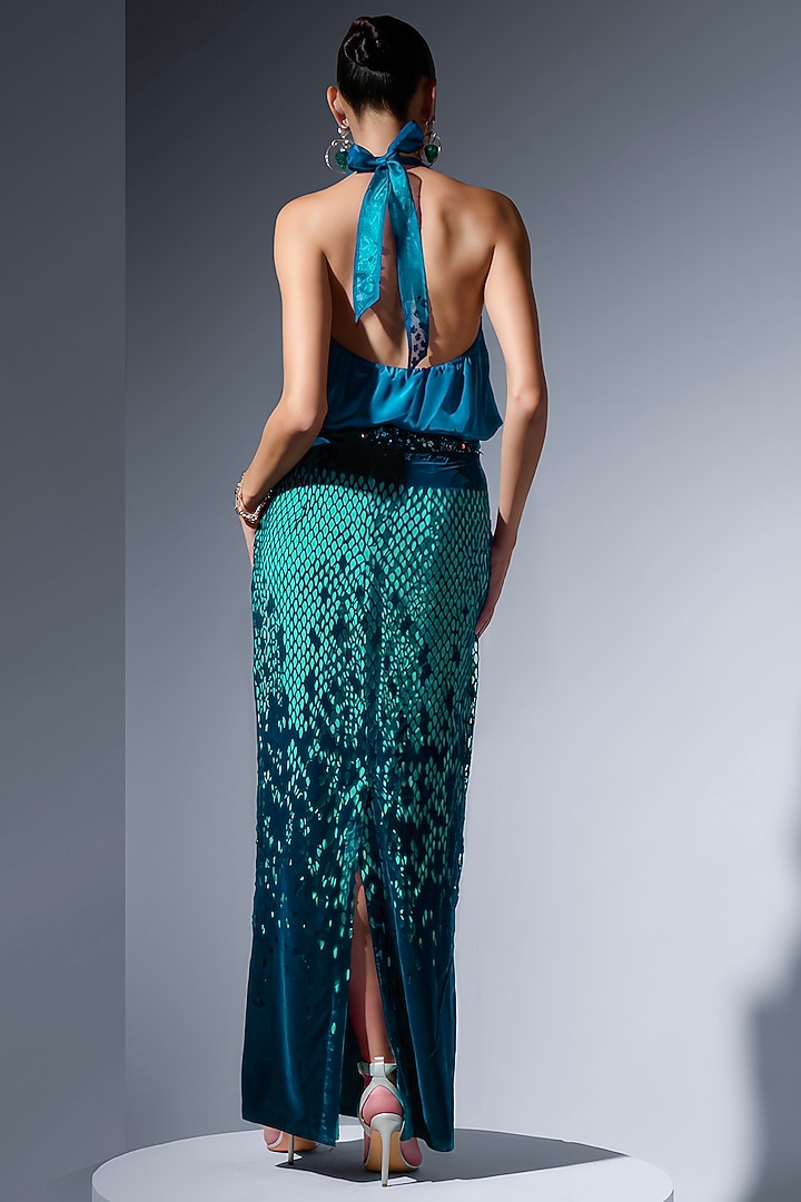 Teal Silk Velvet A-Line Skirt by Not So Serious by Pallavi Mohan at Pernia's Pop Up Shop