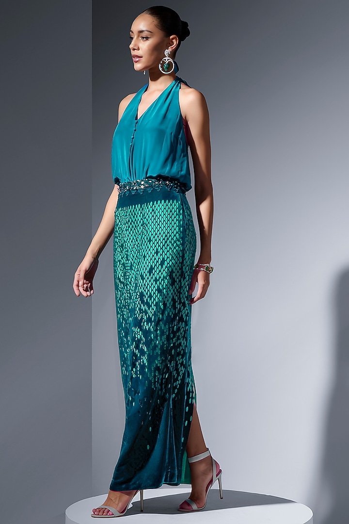 Teal Silk Velvet A-Line Skirt by Not So Serious by Pallavi Mohan at Pernia's Pop Up Shop