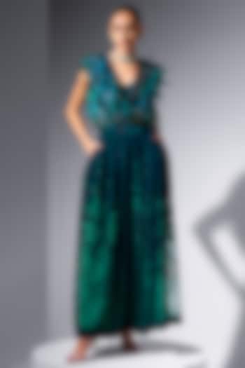 Teal Tulle Feather & Pearl Embellished Jacket by Not So Serious by Pallavi Mohan at Pernia's Pop Up Shop