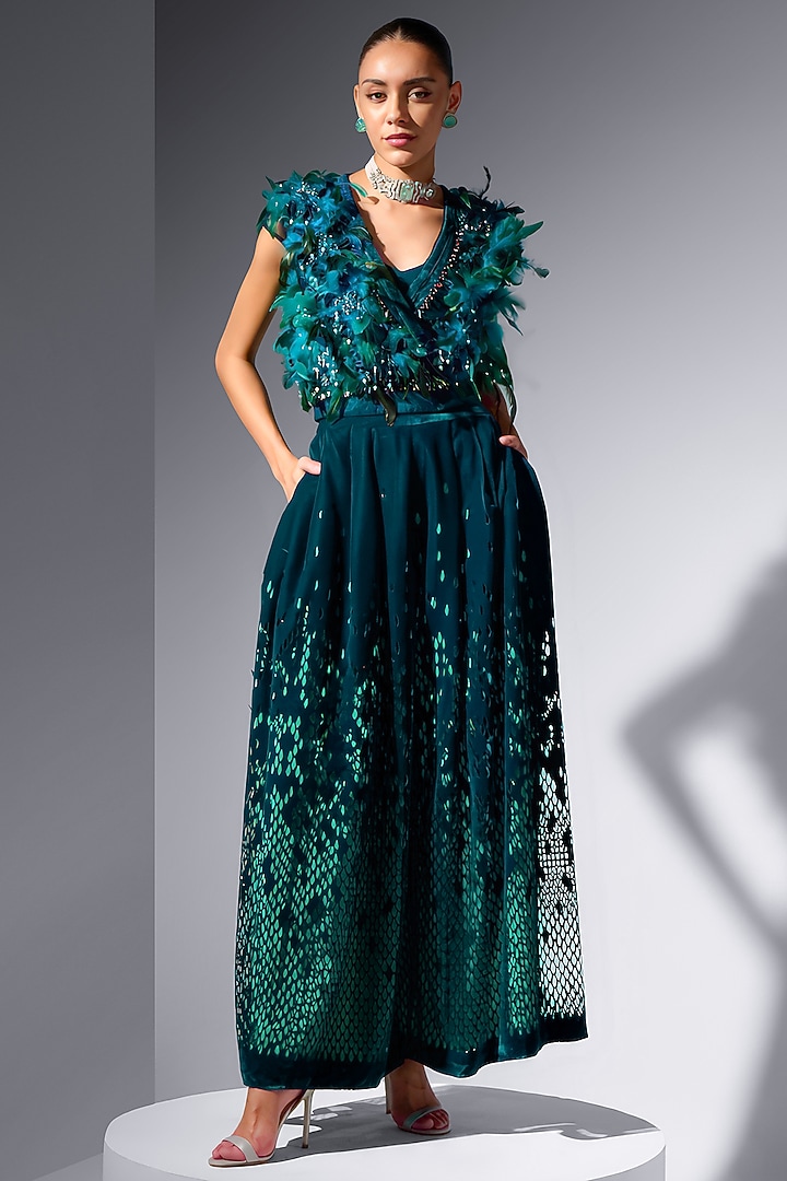 Teal Tulle Feather & Pearl Embellished Jacket by Not So Serious by Pallavi Mohan at Pernia's Pop Up Shop